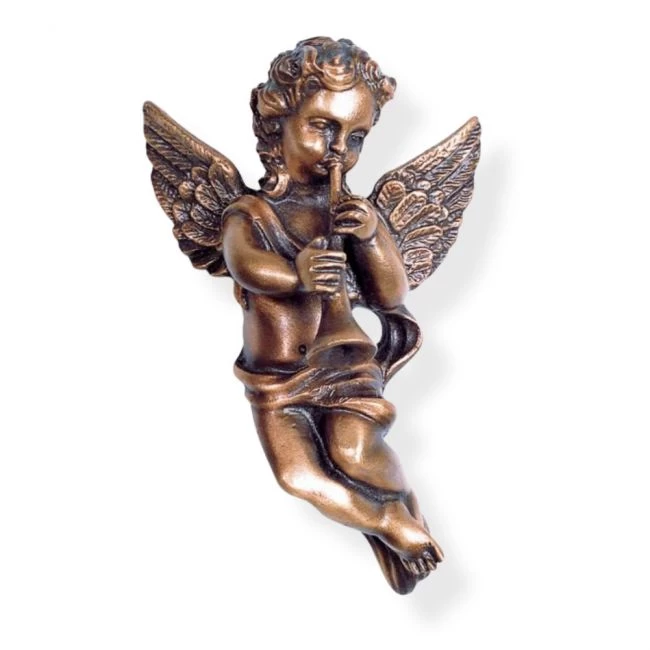 Wandfigur »Engel, Putto mit Flöte«, Bronze, vollplastisch, aufliegend, 11 x 7 x 4 cm