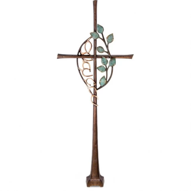 Bronzekreuz »Freistehendes Kreuz mit Blattsymbolik«, Kunstgiesserei Strassacker, 102 x 41 x 7 cm