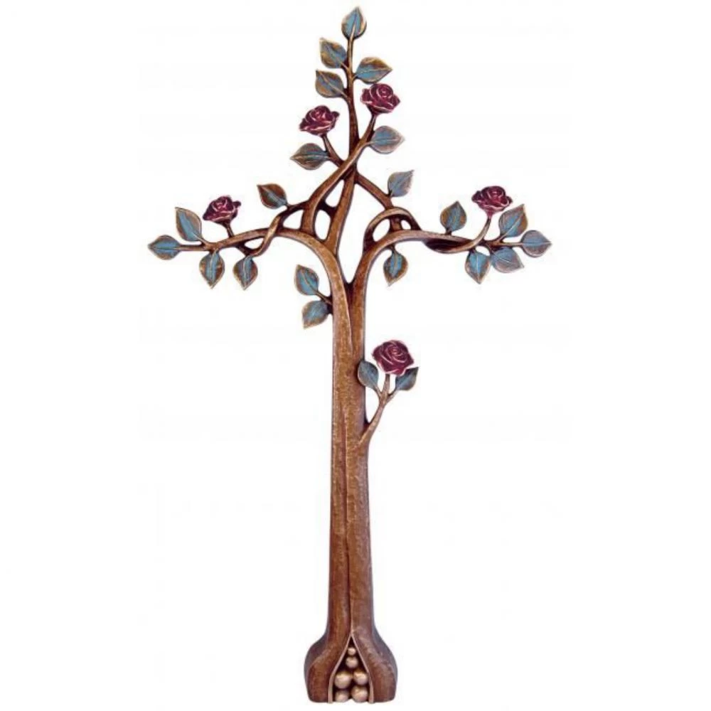 Bronzeskulptur »Freistehendes Kreuz mit Rosenblüten«, Kunstgiesserei Strassacker, 92 x 54 x 6 cm Bronzeskulptur »Freistehendes Kreuz mit Rosenblüten«, Kunstgiesserei Strassacker, 92 x 54 x 6 cm