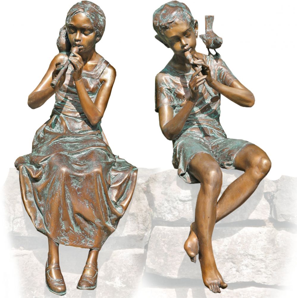Skulpturen-Set »Mädchen mit Flöte, Junge mit Flöte«, Bronze 71 und 68 cm hoch Skulpturen-Set »Mädchen mit Flöte, Junge mit Flöte«, Bronze 71 und 68 cm hoch