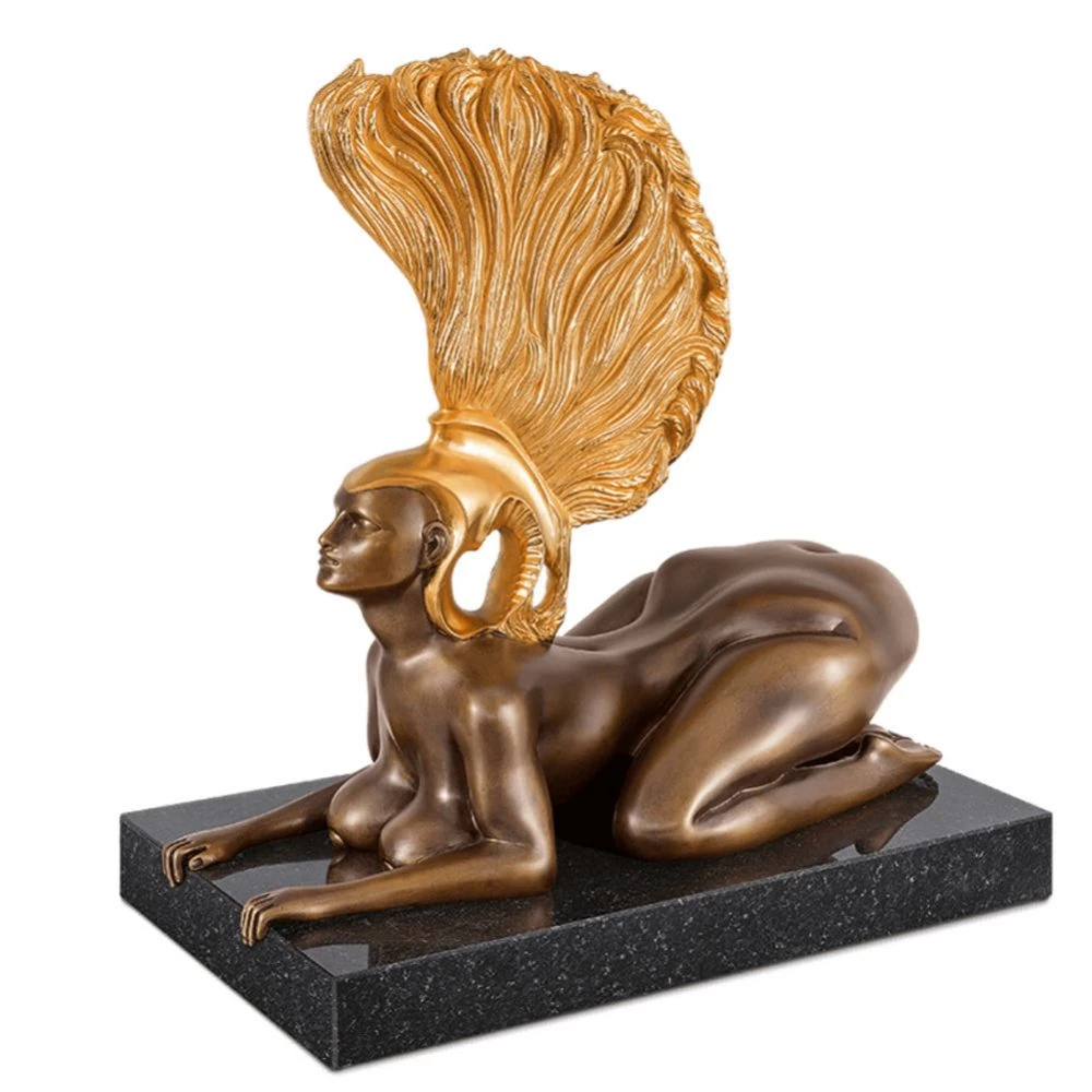 Bronzeskulptur Bronzefigur Statue modern Weiblicher Akt auf Sphynx 