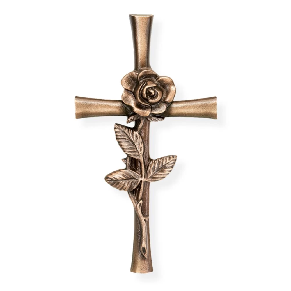 12 x 6 cm, Symbol »Kreuz mit Rose«, Bronze, Urnenplatte, Grabstein