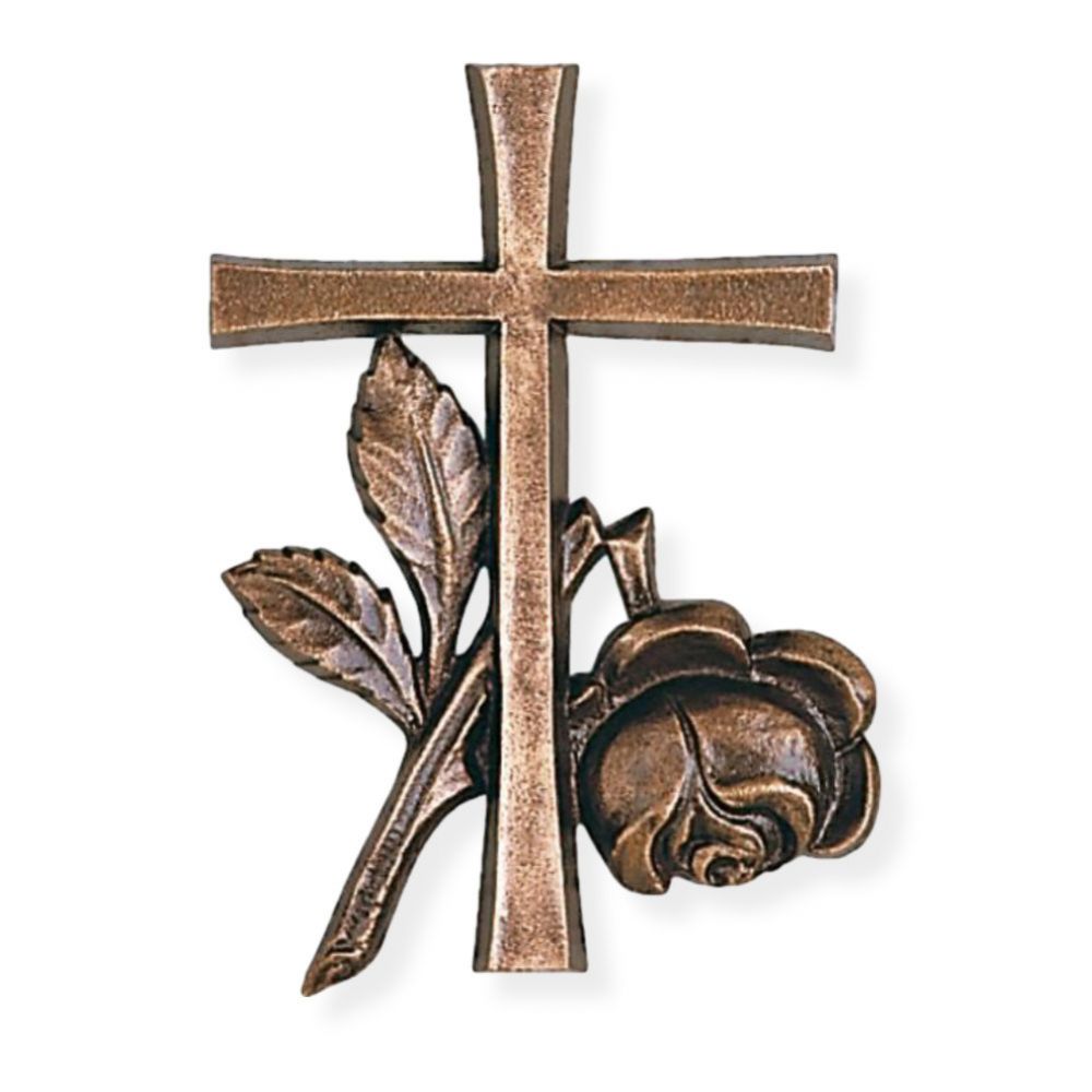 10 x 7 cm, Symbol »Kreuz mit geknickter Rose«, Bronze, Urnenplatte, Liegestein, Grabstein 10 x 7 cm, Symbol »Kreuz mit geknickter Rose«, Bronze, Urnenplatte, Liegestein, Grabstein