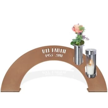 Grabzeichen »Bogen mit Grablicht und Vase« Bronze und Edelstahl